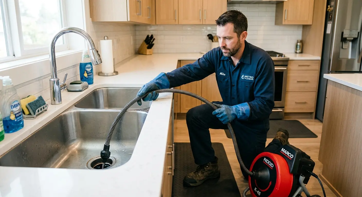 Drain cleaning technician using a motorized snake on a kitchen sink in Lamont
