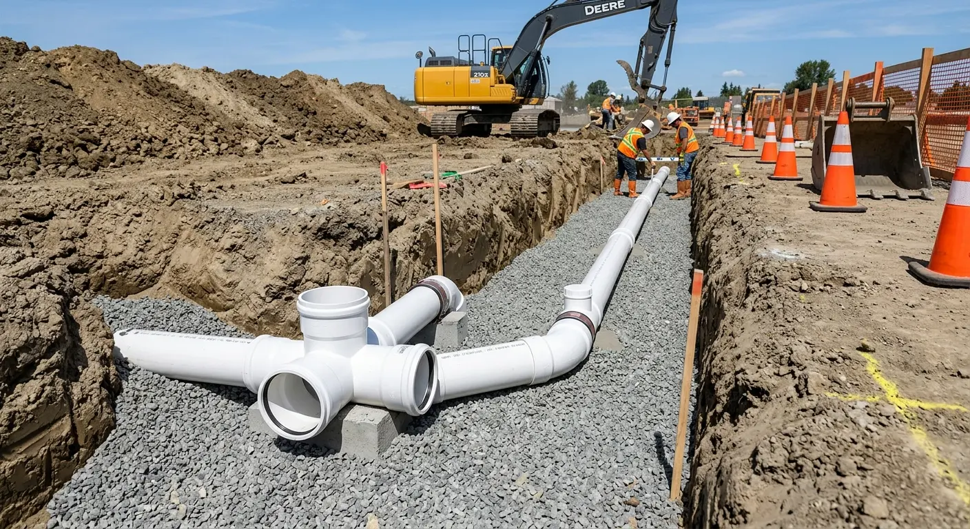 New PVC sewer pipe installation in open trench for Sewer Backup in Lamont