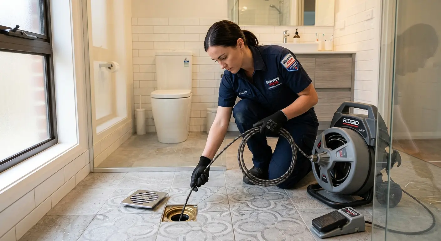 Technician clearing a bathroom floor drain for Sewer Line Replacement in Lamont